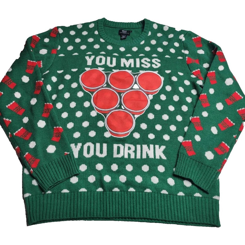Ugly Stuff Sweater Men Large Green Beer Pong Long‎ Sleeve Pullover Christmas